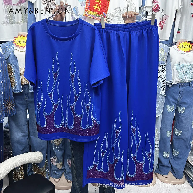 

Trendy Fashion Women's Y2k Diamond Drills Flame Loose Short-sleeved T-shirt Top + Elastic Waist Wide-leg Trousers Two-pieces Set
