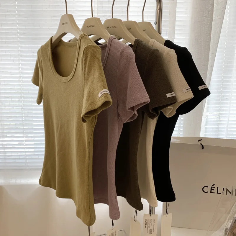 

Slim Fit Women's Short Sleeve T-Shirt U-Neck Elastic Brand Logo Summer Top Comfortable Polyester Cotton Blend round Neck