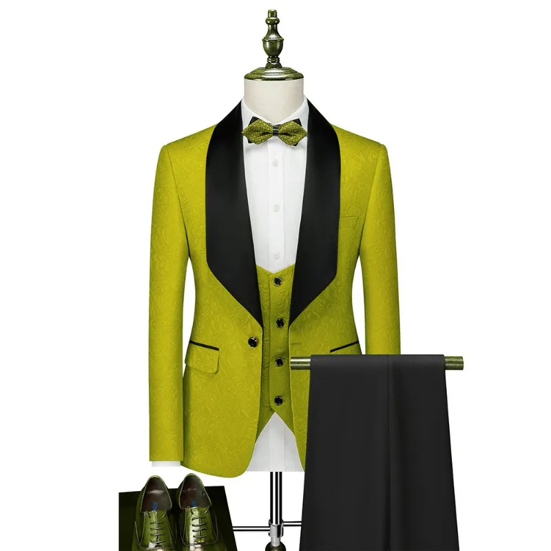 

KIDWHXR 3-piece Suit Set Man Contrast Color Turn Down Collar Blazer Male Single-breasted Vest Straight-leg Pant Men Wedding Set