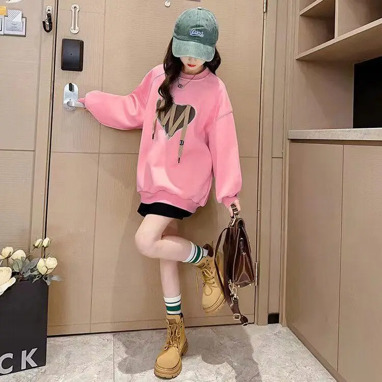 2024 spring Kids Sweatshirt Girls Winter autumn t-shirt dress heart print loose Hooded Teenager new year 5 6 7 8 9 10 12 Years