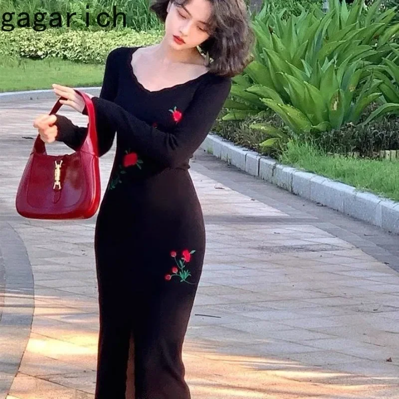 Gagarich Women Autumn Winter New Korean Hepburn-style French Black Knit Dress Niche Design Sense Split Slim Slip Dresses