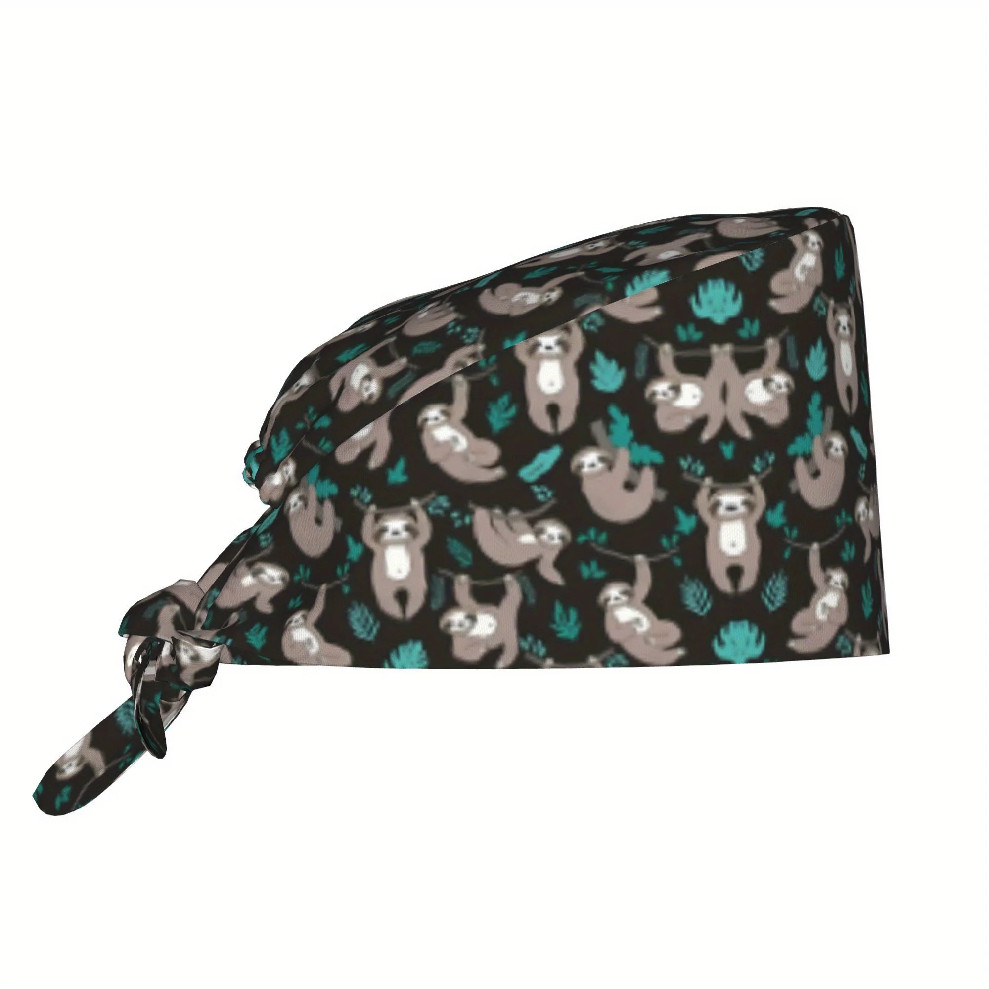 Adjustable Lightweight Work Cap with Lace-Up Design - Dustproof, Unisex for Nurses & Chefs, Black with Playful Sloth & Leaf Patt
