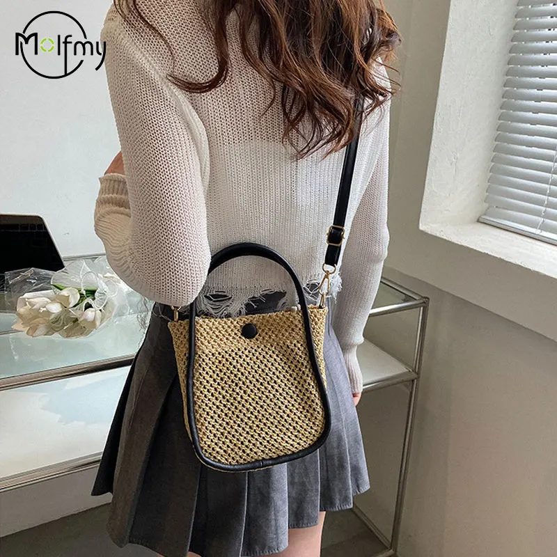 Straw Beach Handbag Hollow out Women Crossbody Bags Girls Rattan Woven Summer Messenger Shoulder Tote Bags with Interior Purse