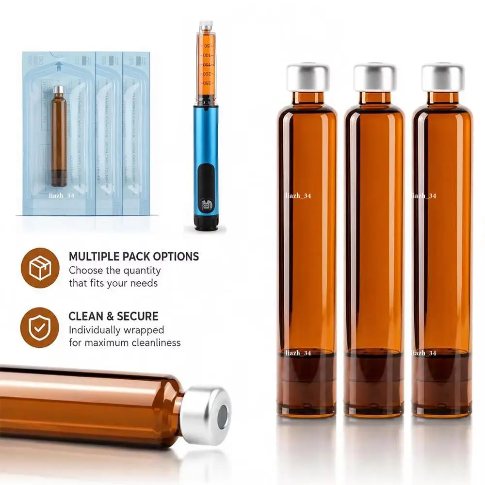 10/20/30/50/100Pcs Lightproof Amber 3ml Glass Cartridges V1 V2, Sterile Individual Pack, 11mm Long Stopper Airtight Rubber Seal
