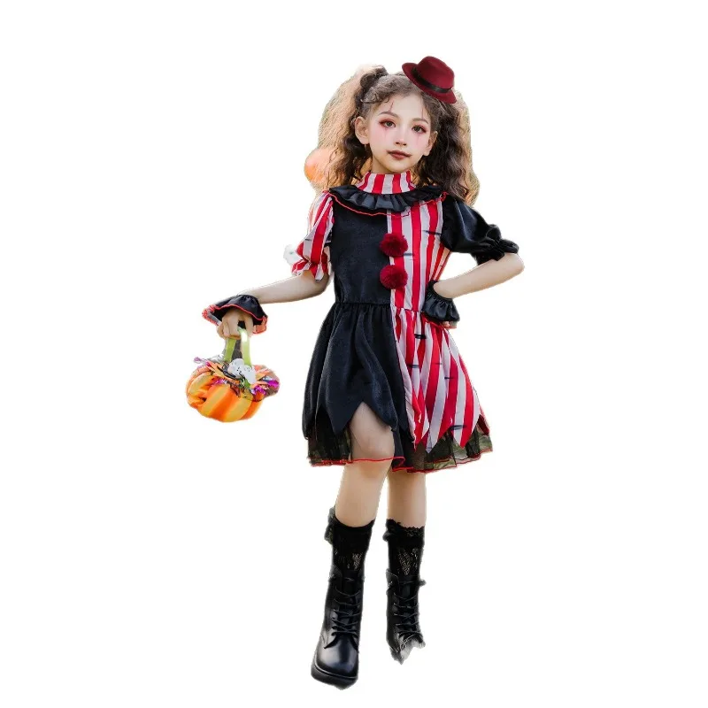 Halloween Cosplay Costumes Horror Clown Short Sleeved Dress with Hat Suit Performance Theme Party Role Playing Outfits for Girl