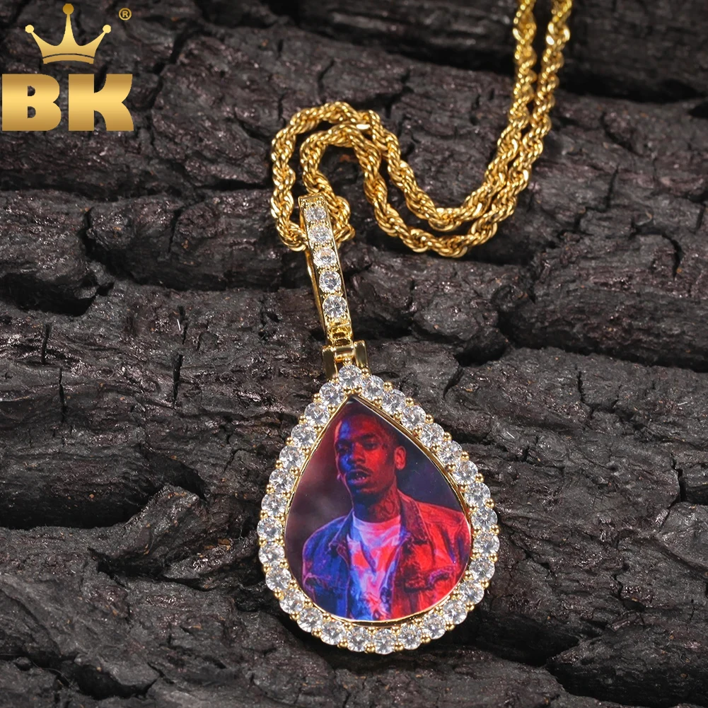 

TBTK Hiphop Waterdrip Frame Pendant Custom Photo Name Engraved Solid Back Iced Out CZ DIY Fashion Memory Rock Jewelry