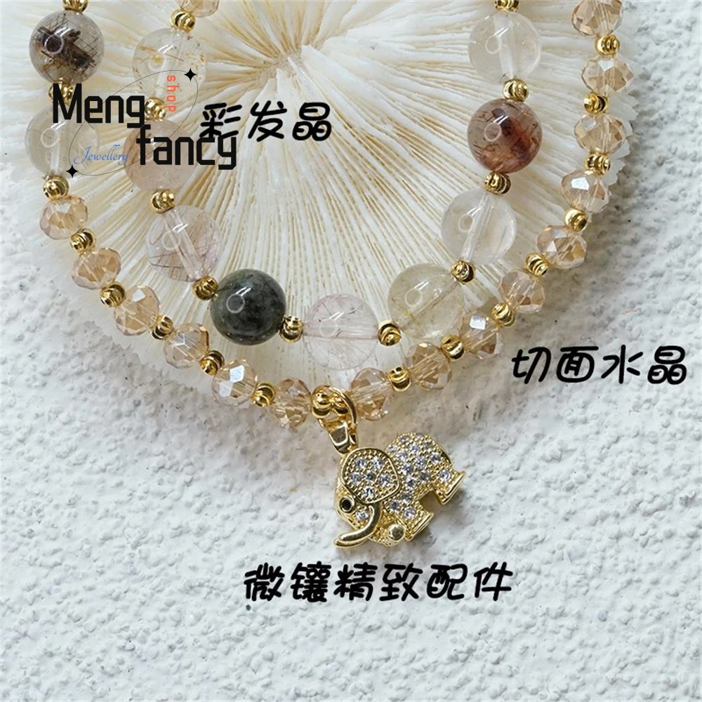 Natural Color Hair Crystal Bracelet New Exquisite Auspicious Elephant Pendant Double Circle Strings Strawberry Crystal Jewelry