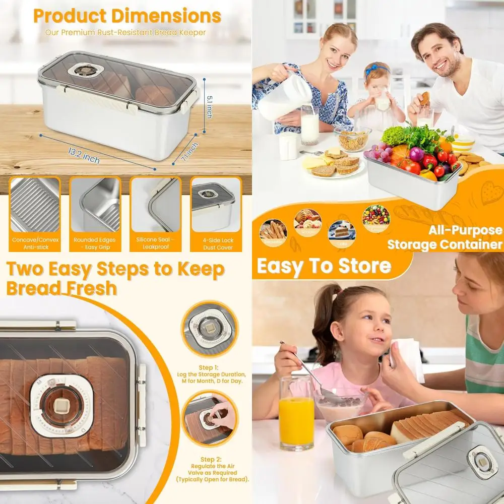 

Airtight Stainless Steel Bread Box with Lid, Silver-White, Dishwasher Safe, Time Recording Storage Solution
