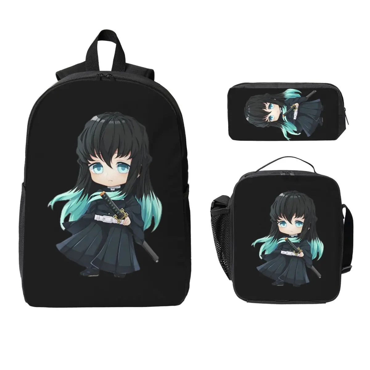 Chibi Mist Pillar Muichiro Tokito Backpack Student Boy Girl BookBag School Bag Shoulder Bags 3ps Insulated Lunch Bag Pencil Case