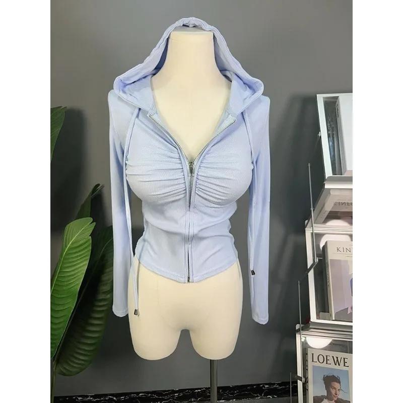 

Foufurieux 2025 New Casual Sports Hooded Sweatshirt Zipper Short Jacket Women's Waist Cinched Pleated T-shirt Top Trend