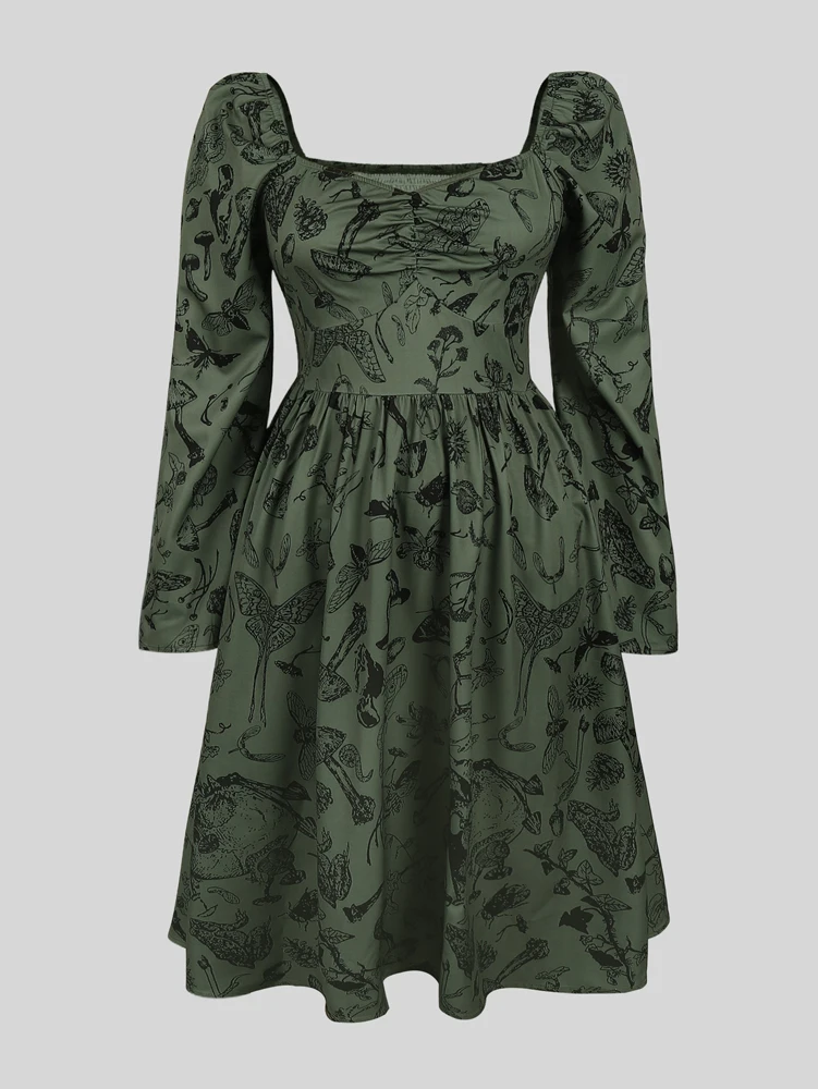 

Женское платье миди с квадратным вырезом и длинными рукавами, винтажное платье А-силуэта с принтом грибов и бабочек, повседневное готическое платье для ежедневной носки
