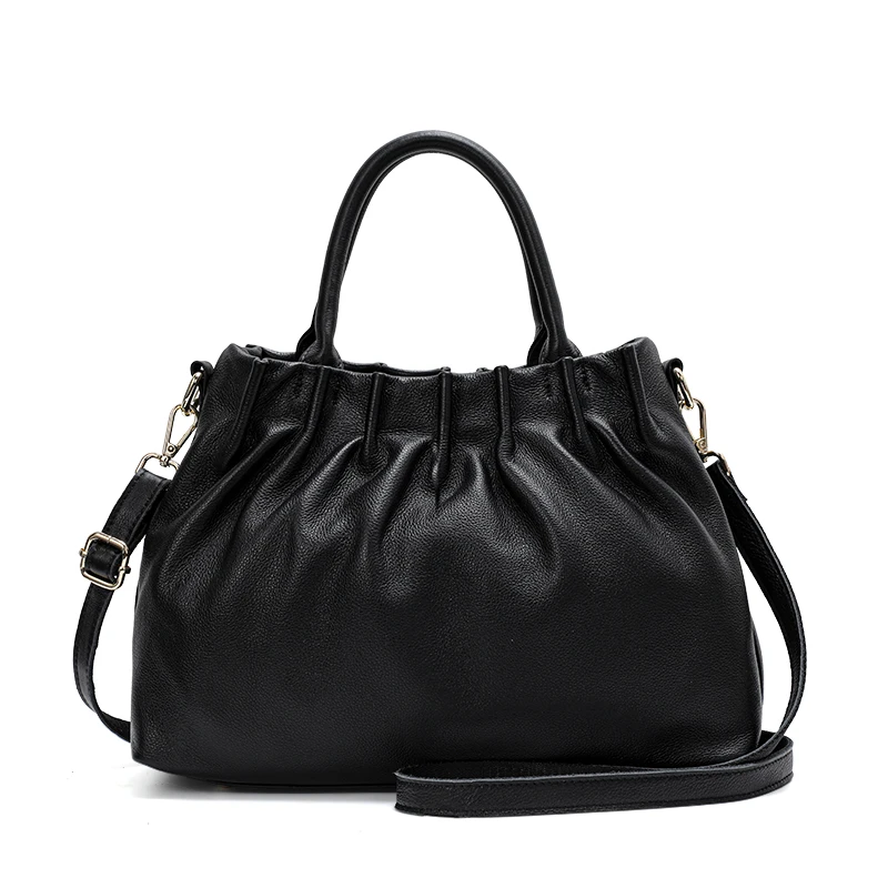 

New Genuine Leather Handbag for Women – Black Soft Cowhide Tote with Shoulder Strap, Fashionable Daily Use Bag