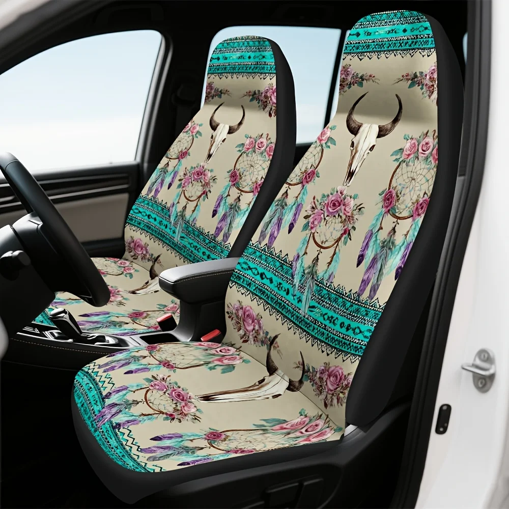 2pcs, Boho Skull Dreamcatcher Aztec Pattern Decorative Auto Seat Covers, Fit For Cars SUVs Trucks, Adds Distinct Stylish Look A