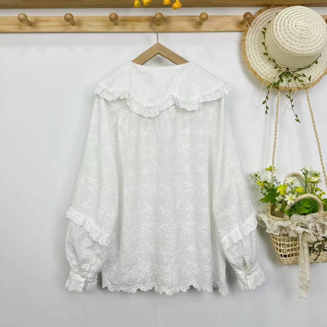 Female Victorian Rococo Ruffled Lace Embroidery Floral Eyelet White Shirt Retro Chic Mori Girl Shabby Cottage Core Sweet Blouse