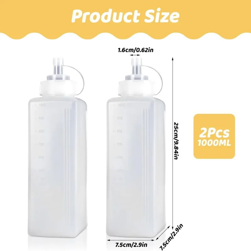 【2 Pack 1000ml Sauce Bottles】Leakproof Squeeze Bottles for Ketchup, Honey, Dressings,Syrup -Kitchen Refillable Sauce Container