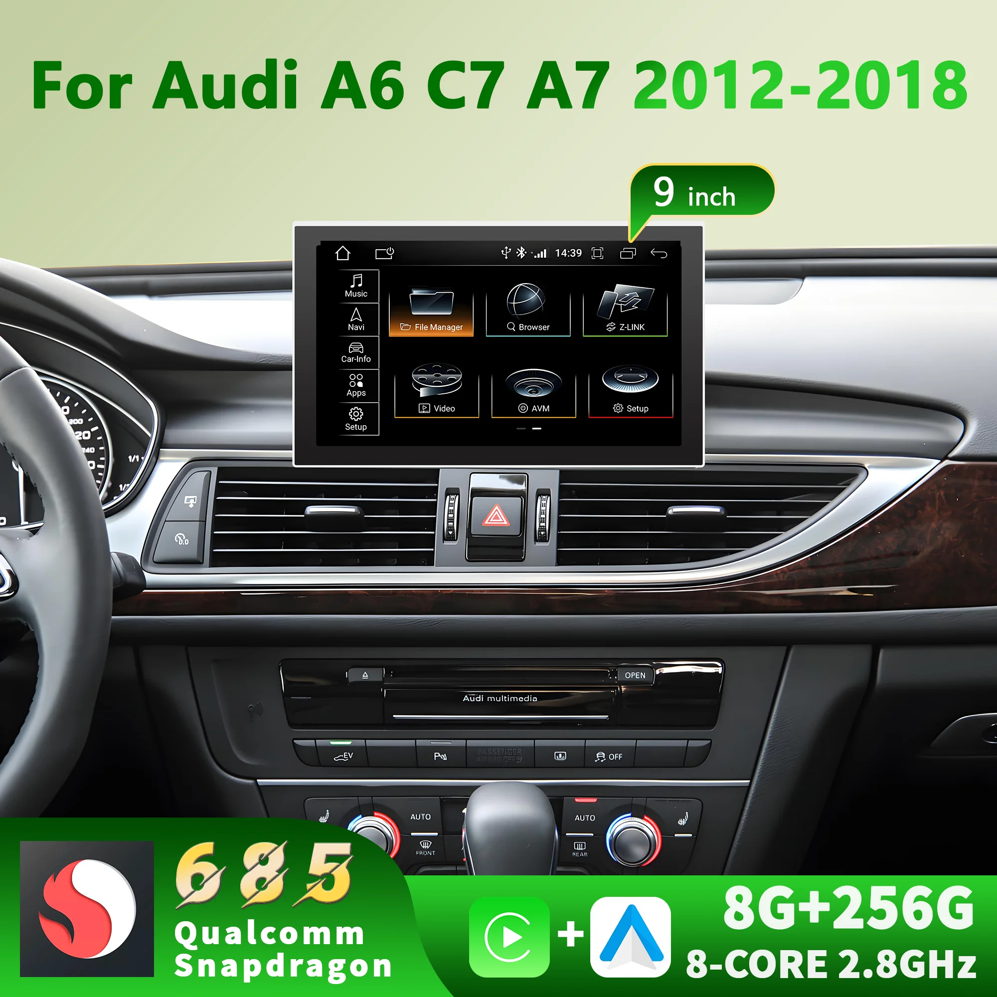 9 inch For Audi A6 C7 A7 2012 - 2018 Bluetooth Android 14 Car Radio Multimedia GPS Navigation Wireless Carplay Split Screen