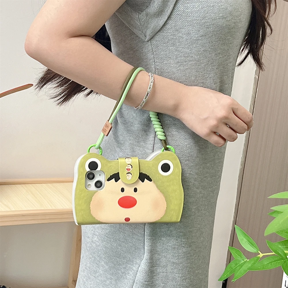 Super ins Cartoon Green Frog Hat boy Handbag strap For iPhone 16 15 14 13 Pro Max Phone Case 360 Protection Cover Skin Funda