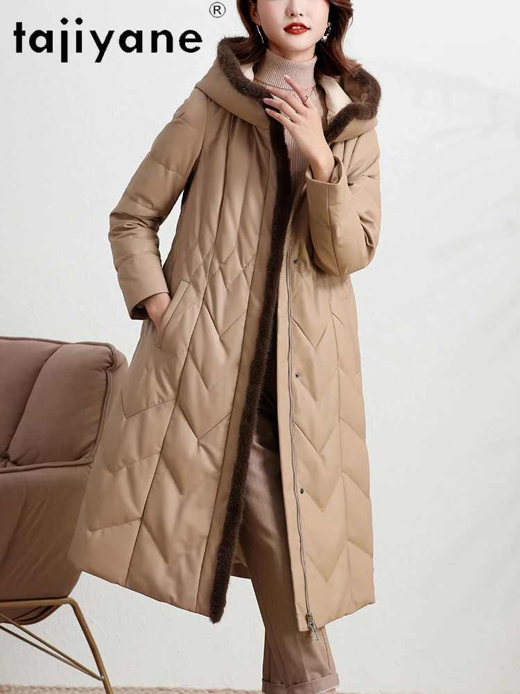 TAJIYANE-abrigo de piel de oveja auténtica para mujer, chaqueta ajustada de cuero genuino con capucha, abrigos con cuello de piel de visón, ropa de invierno para mujer 2025