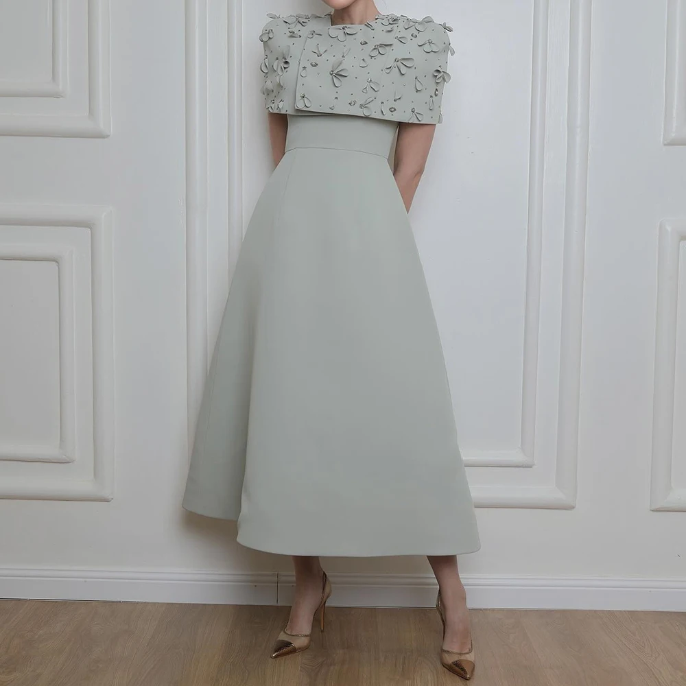 

Customized A-line Evening Dresses Tea-length O-neck Sleeveless Prom Gown Simple Fashion Stole Flowers Draped Casual Party Gown