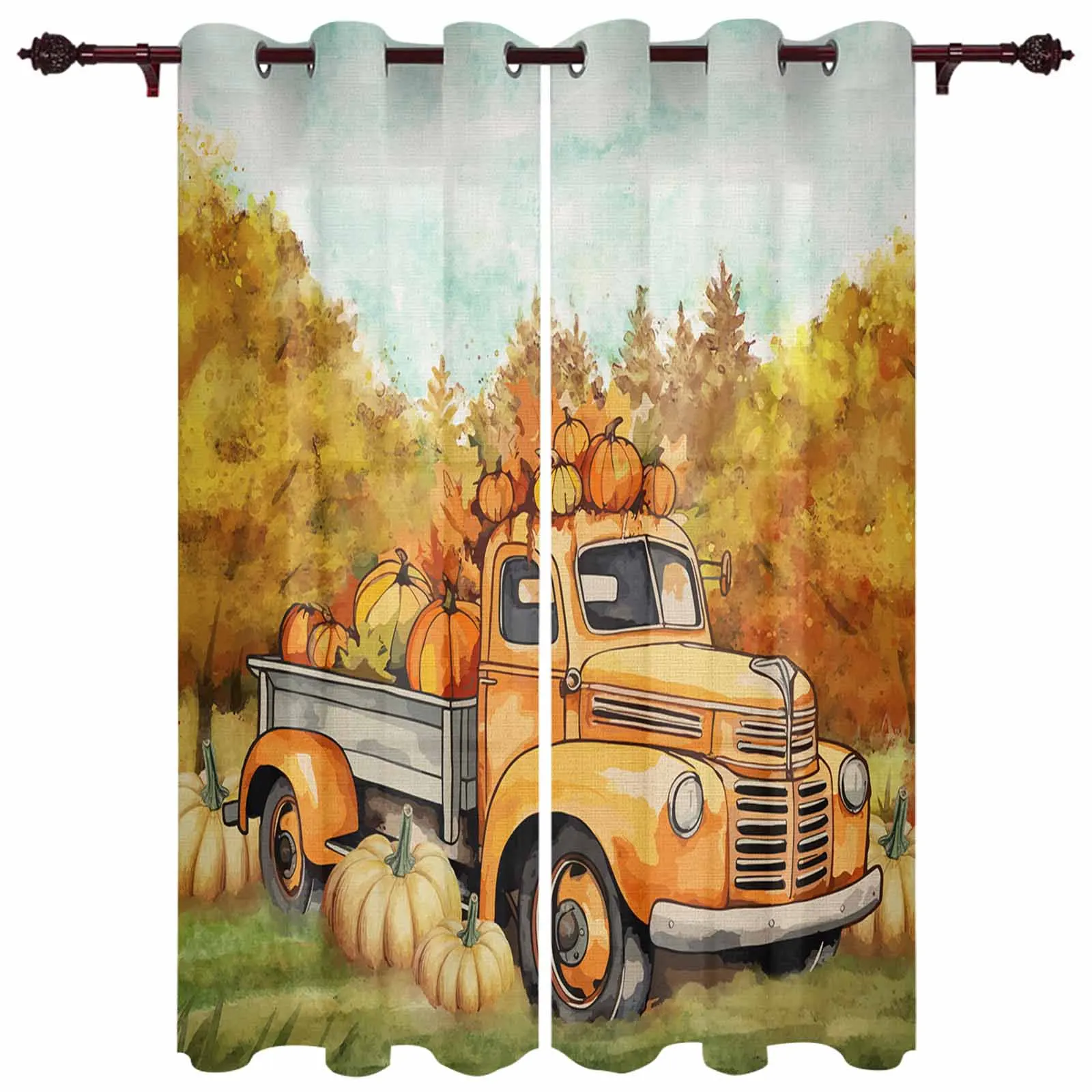 Autumn Truck Plant Maple Leaf Pumpkin Countryside Modern Hall Curtains for Living Room Bedroom Window Curtains Hotel Drapes