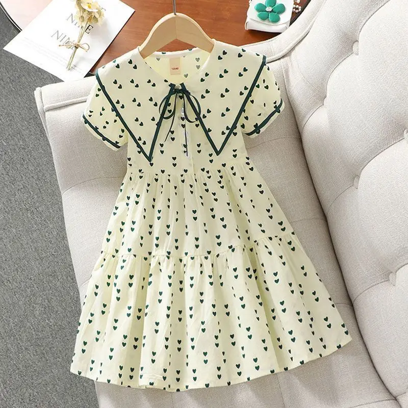 Girls Summer Fashion Korean Style Heart-Shaped Breathable A-line Dresses Teenage Kids Casual Outfits&Pajama Dress 2-14Y 2026