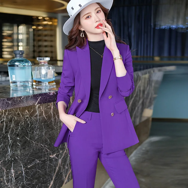 Purple Suit Coat Women\'s Two Piece Pants Set Suit Fashion Casual Pocket Office Women\'s Design Women\'s Jacket and Pants 2022 New