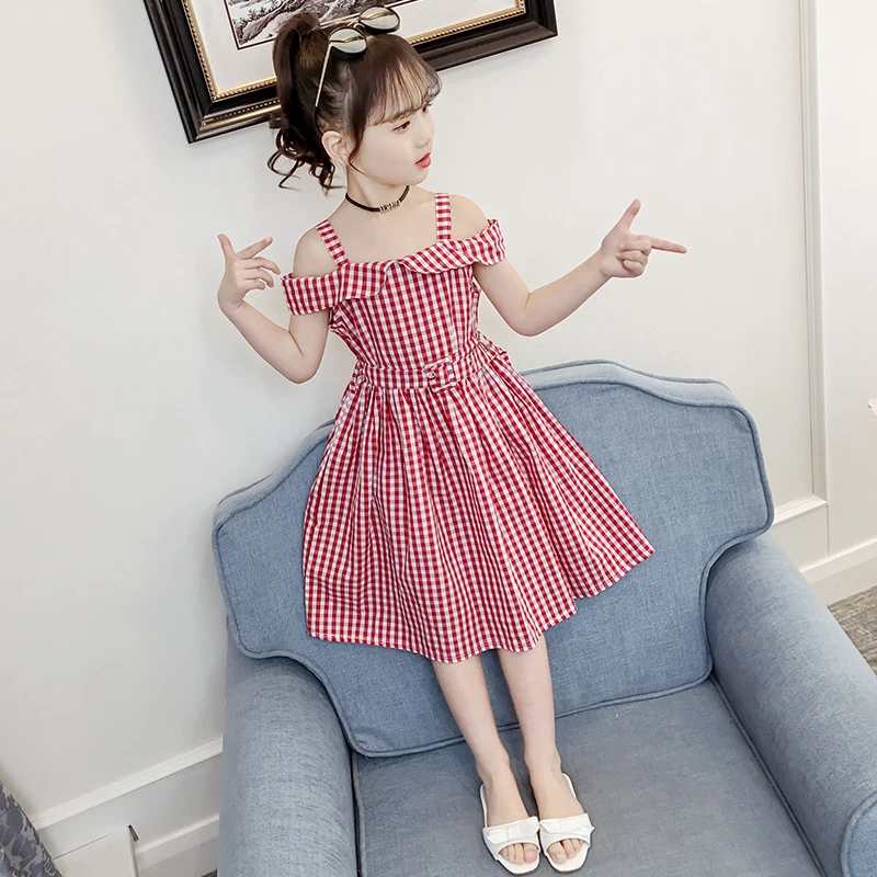 Girls' Dress2026New summer dress for older children, pure cotton off-shoulder suspender dress, stylish and elegant cotton prince