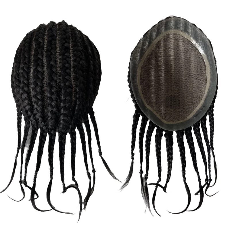 أنظمة الشعر البشري الهندي العذراء # 1B أسود اللون كورنو الضفائر الحرير قاعدة الشعر المستعار 8x10 وحدة الحرير للرجال