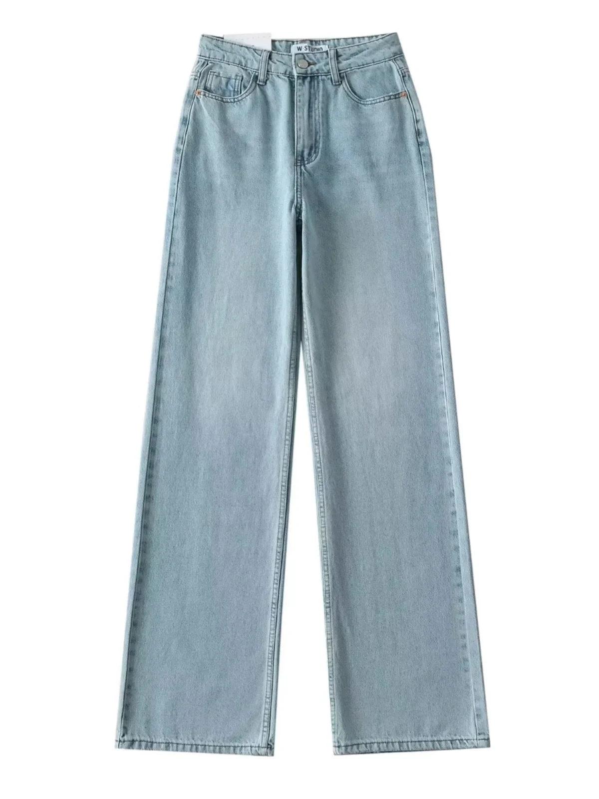 

American Retro High Waist Wide Leg Blue Jeans Women's New 2023 Light Color Straight Cut Long Pants Casual High Waist Jeans