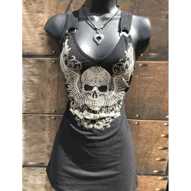 Women Skull Tops for Summer New Sexy Tanks Streetwear Round Neck Large Size Gothic Black Spaghetti Strap Tank Top