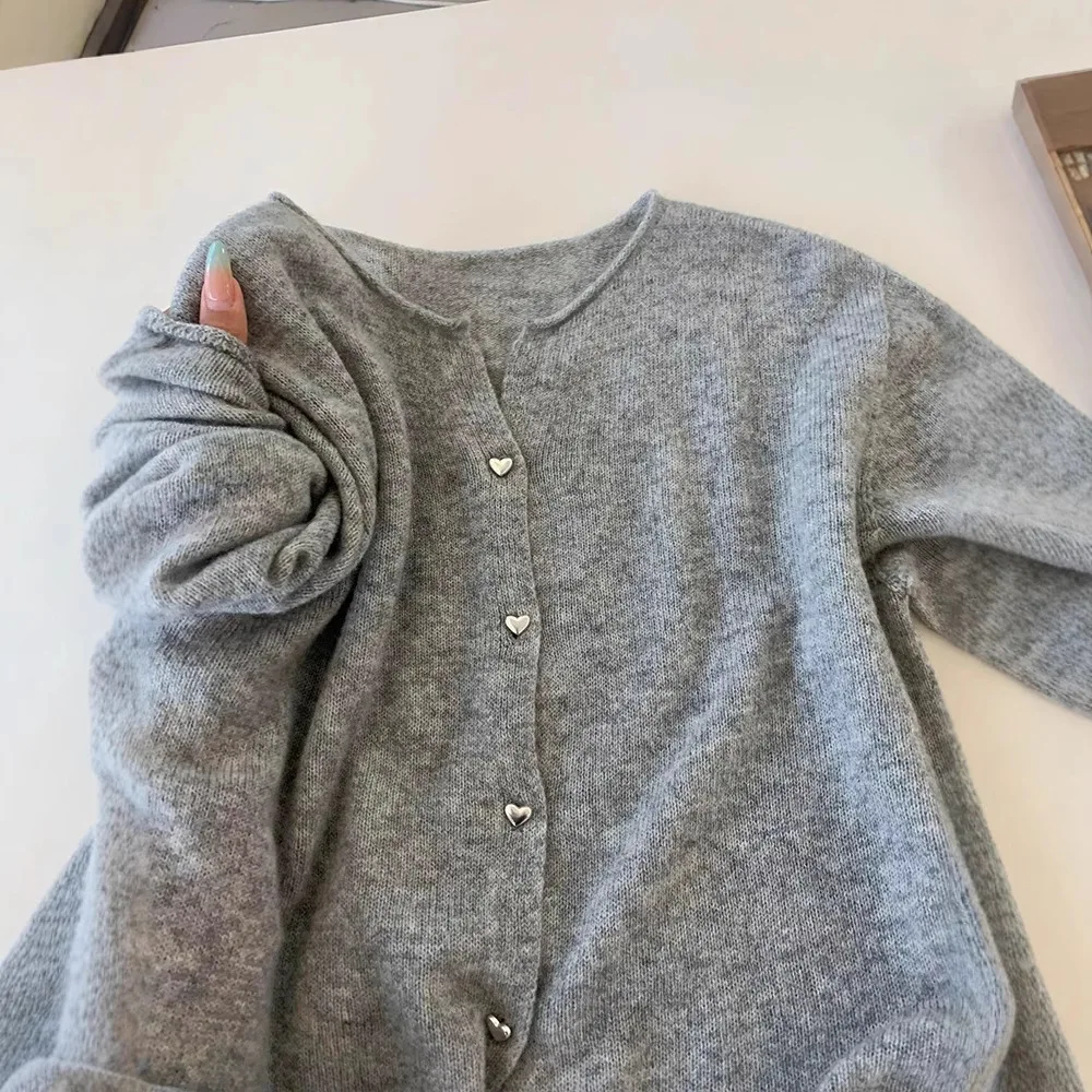 Spring and Autumn New 100 Pure Wool Women's Curled Round Neck Cardigan Love Silver Buckle Design Grey Coat