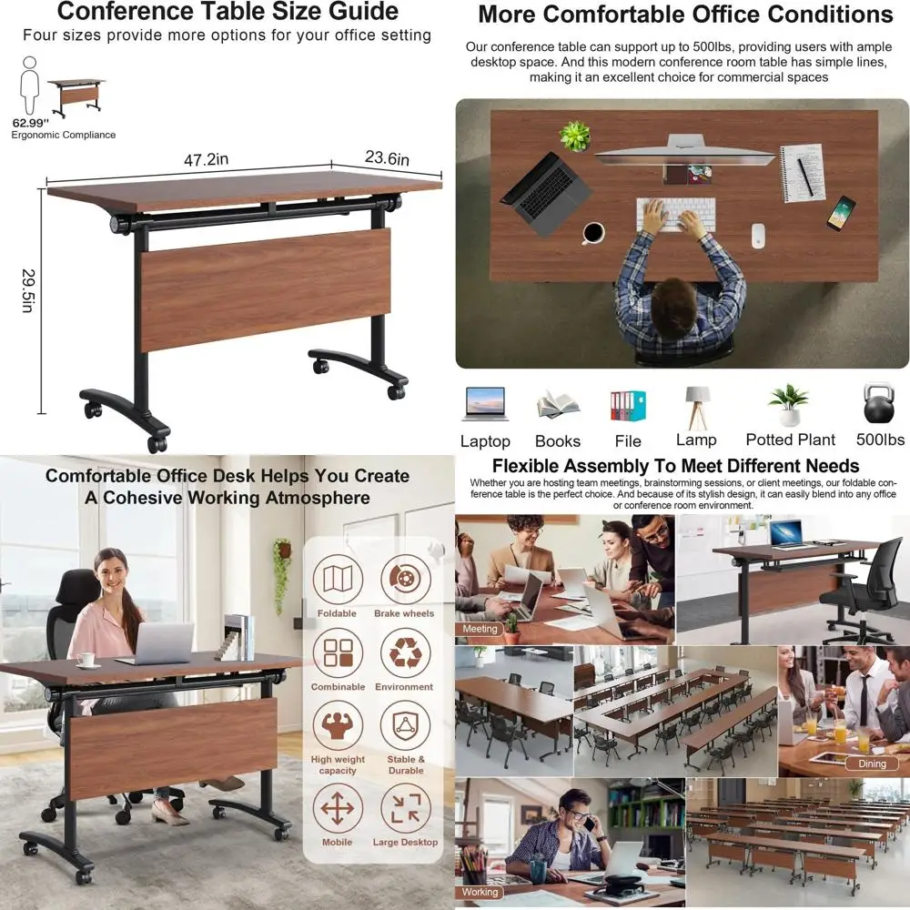 

47.2 Walnut Folding Seminar Tables, Mobile Training Tables for Conference Rooms, Office Classrooms (4 Pack)