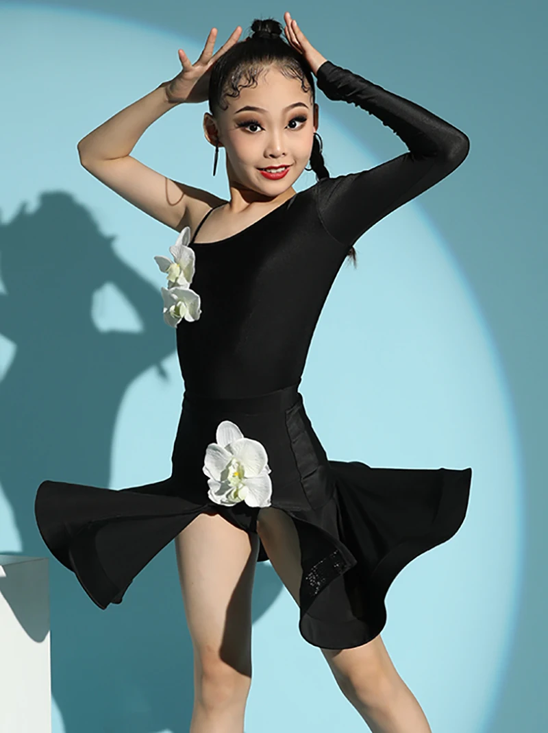 Kids Girls Strap Latin Dancewear Latin Dance Flower Practice Set One Shoulder Advanced Sense Practice Table Performance Clothing