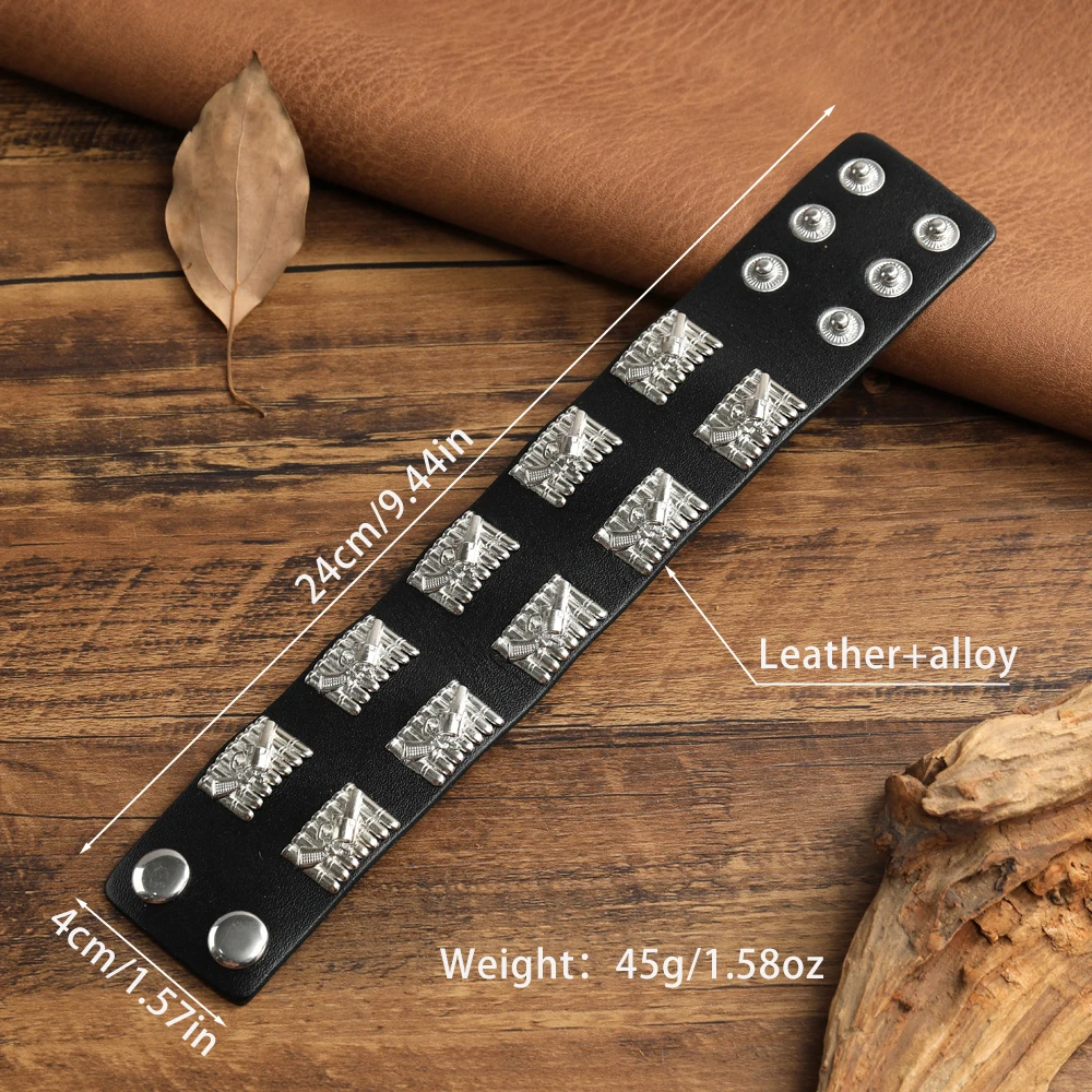 

2025 Rectangular Metal Texture Leather Bracelet for Men Handmade Adjustable Cuffs Wide Bracelet Retro High-end Accessory Gift