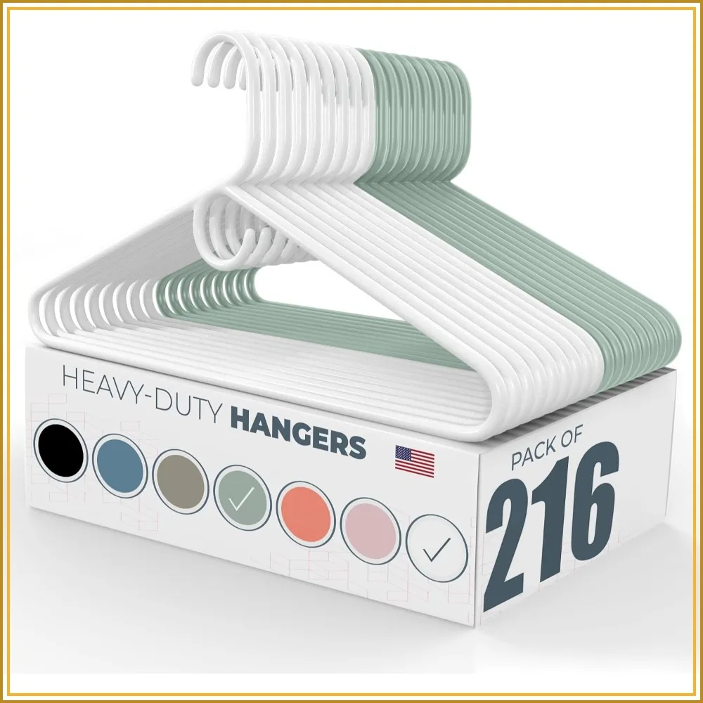 Heavy Duty Plastic Hangers for Adult Clothing, 216 Count, 8lb Capacity, White & Mint, Made in USA