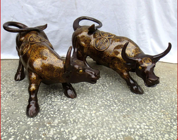A pair-TOP GOOD office SHOP company Money Drawing GOOD LUCK FU Mascot # Asia Equity Stock market cattle FENG SHUI Brass statue