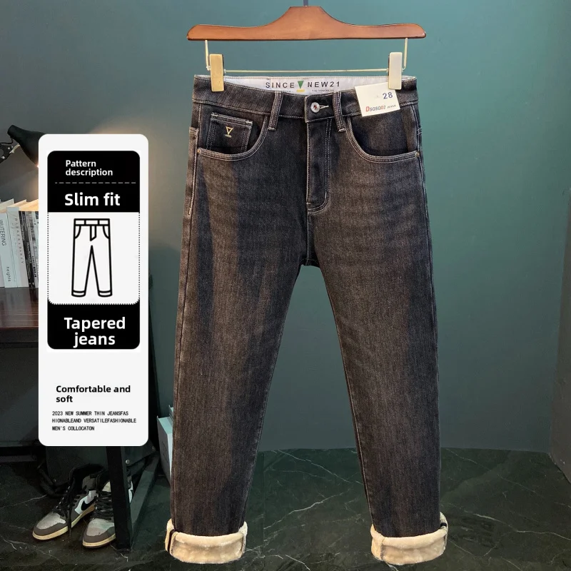 

Зимние плюшевые толстые джинсы 2025 года для мужчин, повседневные, простые, элитные, облегающие, маленькие ноги, элитные, морозостойкие, теплые брюки