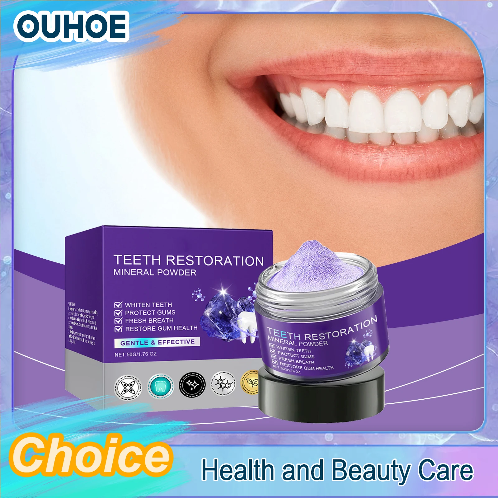 Teeth Restoration Mineral Powder Dental Whitening Remove Stubbon Stain Oral Cleaning Fresher Breath Purple Bleaching Toothpaste