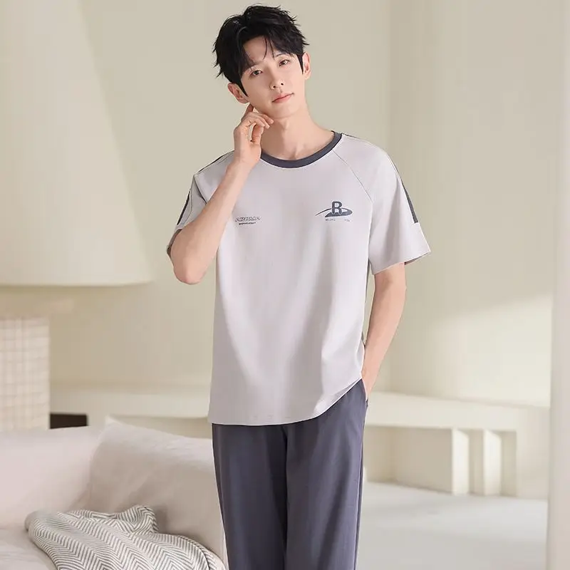 2026 Summer Plus Size  Short Sleeve Long Pants Cotton Pajama Sets for Men Korean Loose Sleepwear Pyjama Homewear Home Clothes