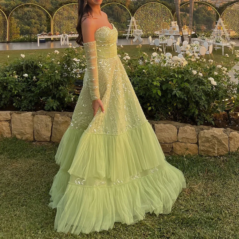 

Customized Green Tiered Tulle Sparkly Crystal and Sequined Evening Dress Detachable Sleeve Sweep Train Zipper Back Party Dresses