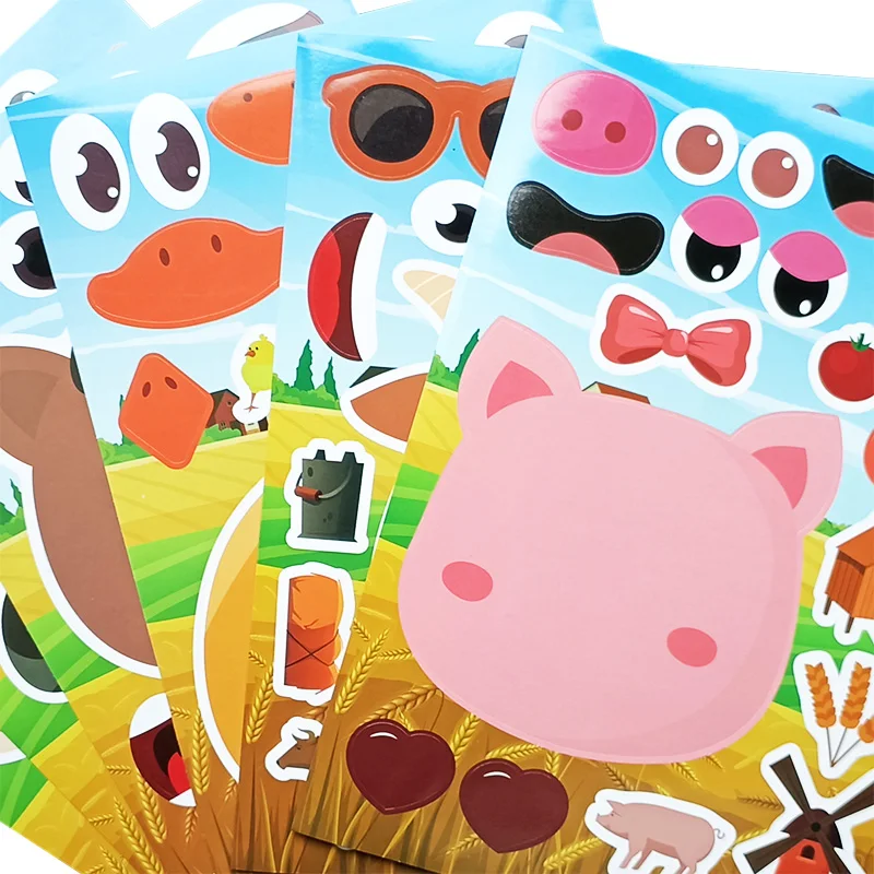 6 Sheets/Set Farm Animals Assembled Sticker Kids DIY Make Animal Facial Expression Stickers Creative Toys Gift