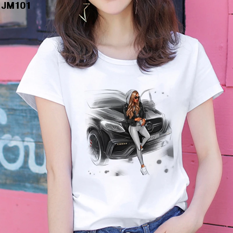 Fashion Car Model Printed T Shirt Summer Women's Short Sleeve T-shirt Harajuku Casual Streetwear White Top Woman Tshirt Clothing