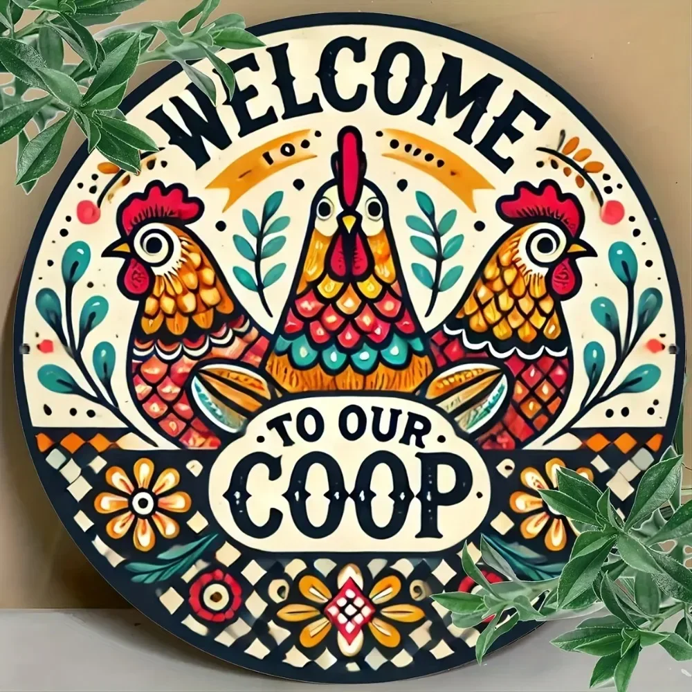 YOURBRAND Waterproof Vintage Chicken Coop Sign - 8" Round Colorful Rooster "Welcome to Our Coop" Iron Wall Decor view 6