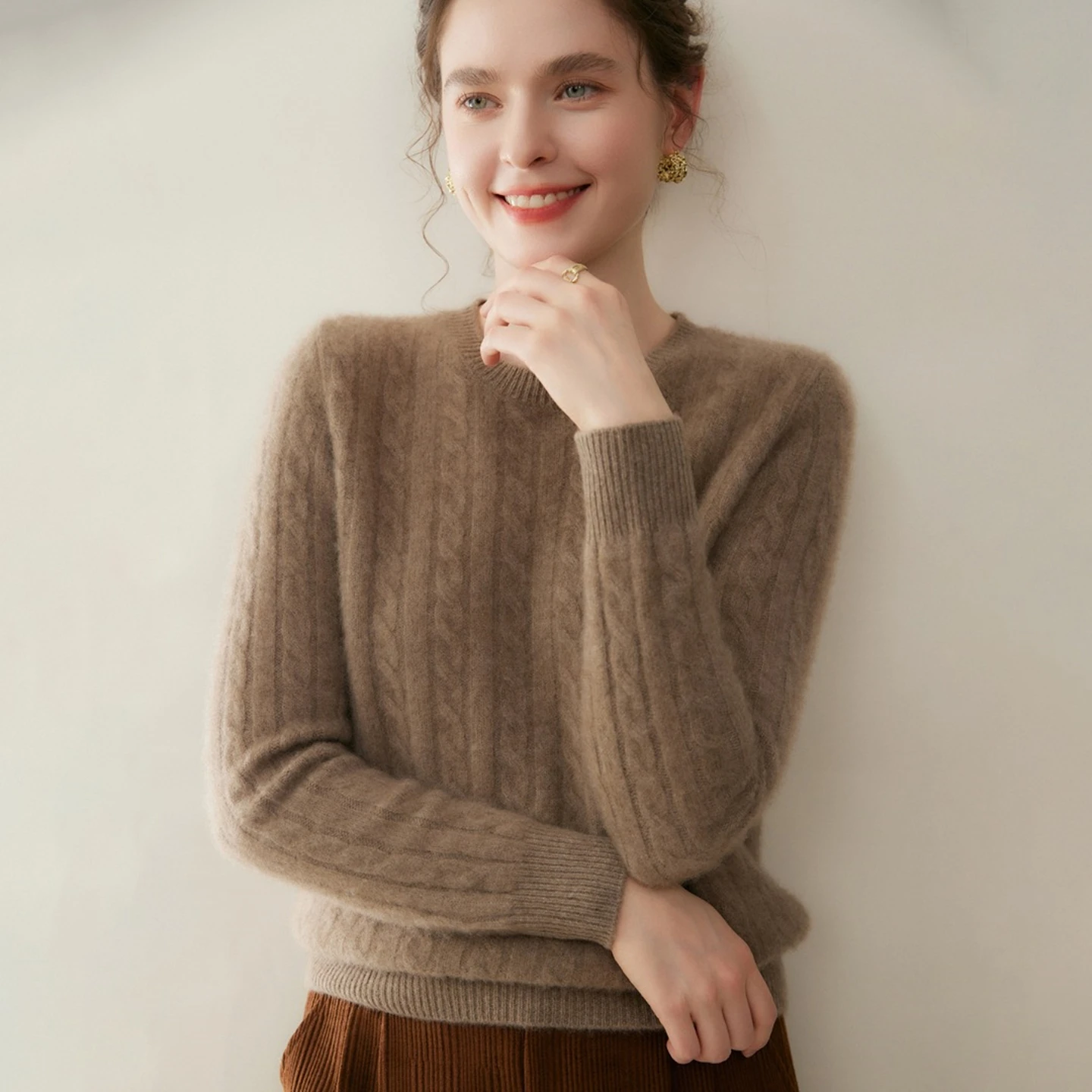 

Mellie 100% Pure Cashmere Knitted Sweater Women's round Neck Thickened Color Twist Hooded Knitwear Casual Loose Fit