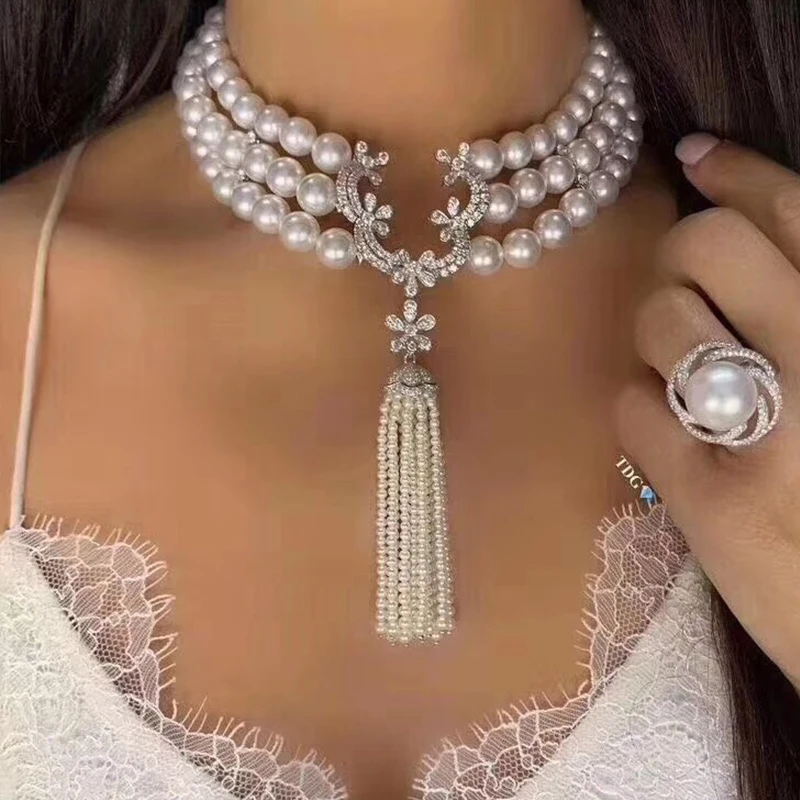 

triple strands new design 8-9mm south sea white pearl necklace 16-18" jewelry chains choker necklace 925 sterling silver