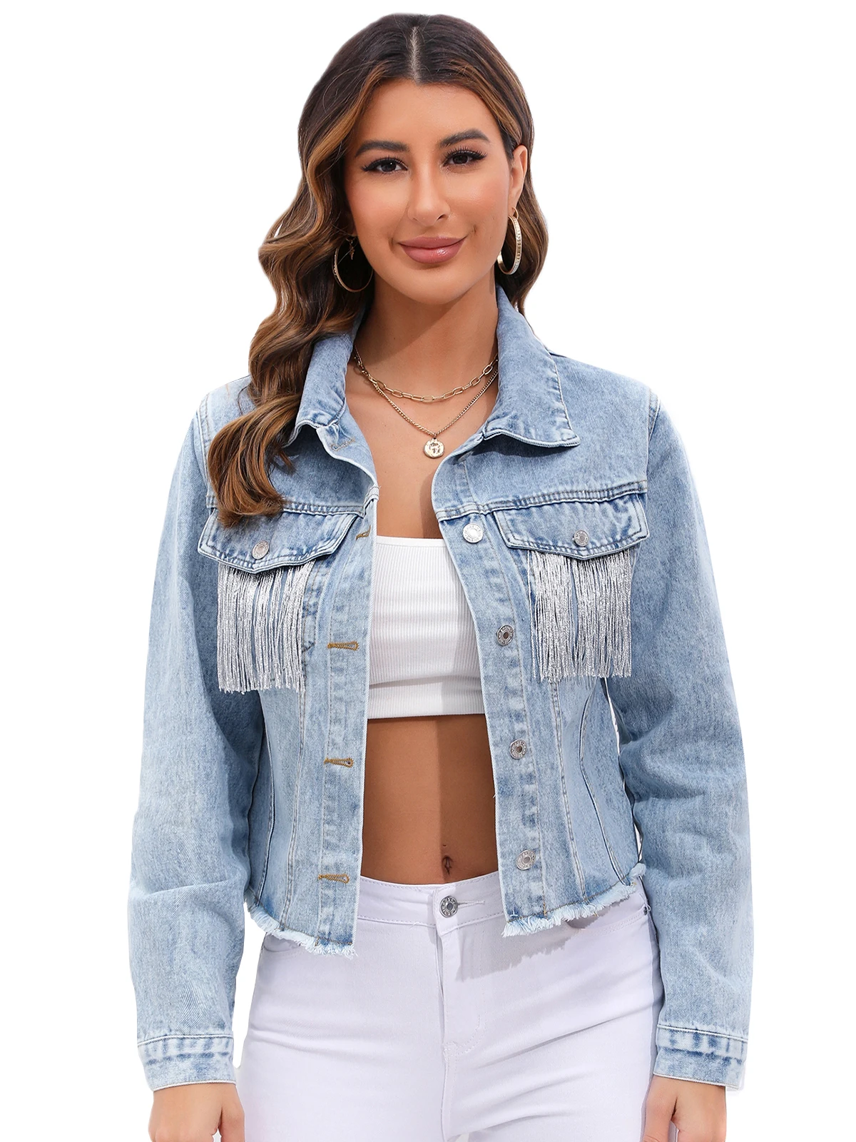 FTLZZ Women Denim Jacket Casual Lady Tassels Single Breasted Denim Coat High Street Denim Outwear