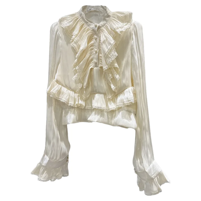 เสื้อผ้าผู้หญิงผ้าไหมผสมฝ้ายเนื้อบางเบา สไตล์หวาน คอปกพับ แต่งลูกไม้ สีพื้น ทรงตรง รุ่นใหม่ล่าสุดสำหรับฤดูใบไม้ร่วง