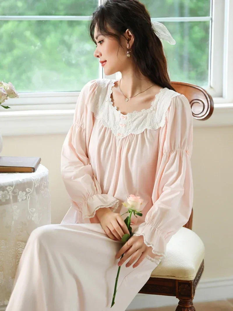 Women Long Sleeve Cotton Nightgown for Spring Sweet Girls Nightwear Sleepwear French Vintage Princess Home Wear Autumn Winter