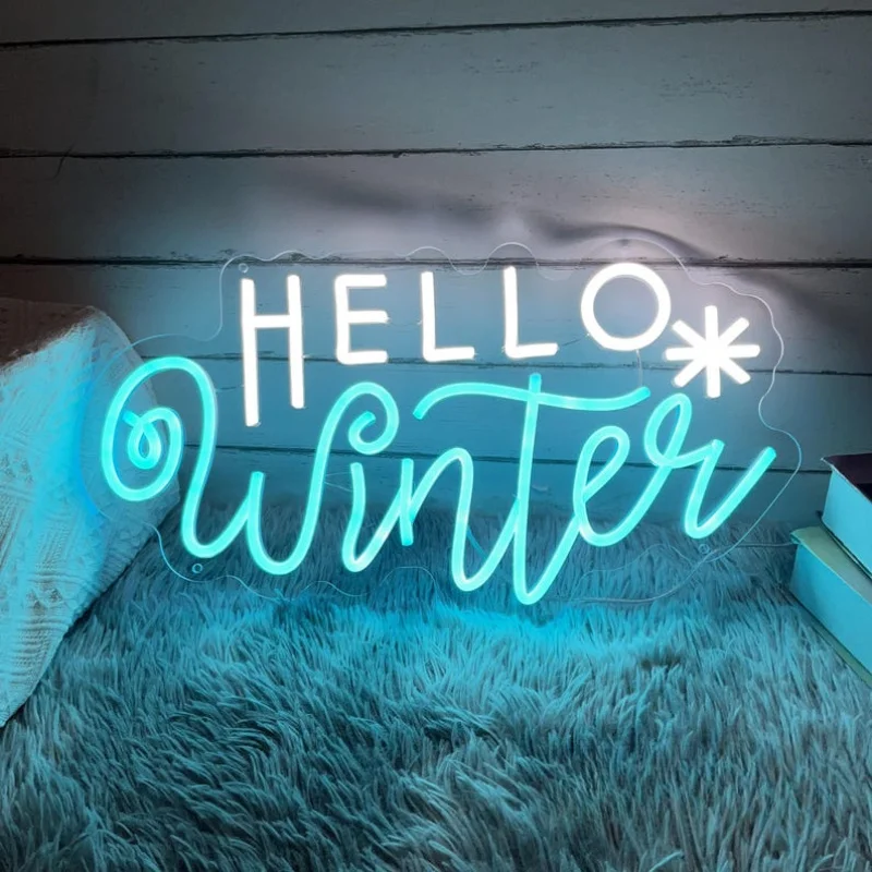 Hello Winter Neon Sign Snowflake LED Wall Art USB Powered Blue Light Xmas Holiday Home Bedroom Party Decor Gift