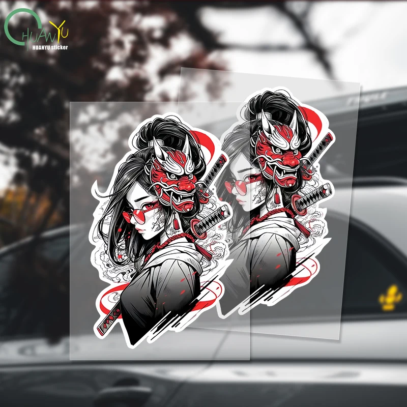 for Warrior Samurai Girl Oni Mask Car Stickers Simple Cartoon Decals Scratch-Proof Surfboard Car Label